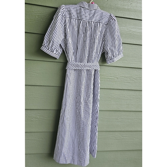 Ann Taylor Stripes Puffed Sleeves A-line Midi Petite Shirt Dress - Picture 7 of 8